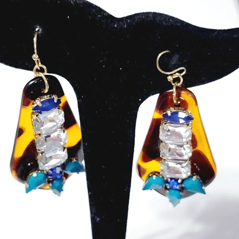 Contemporary Dangle Pierced Earrings‎ 2.5” Bejeweled Tortoise Lucite Diva KP-73